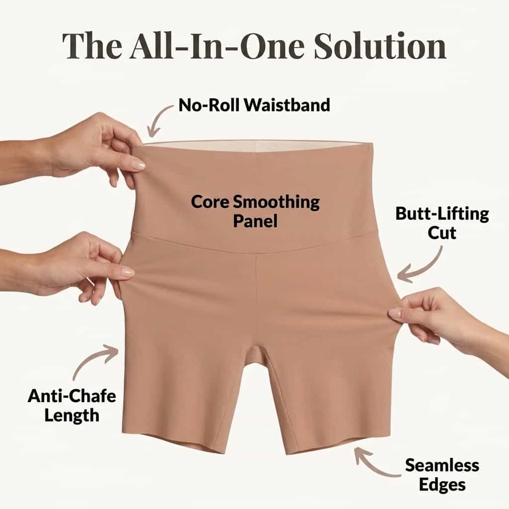 A pair of Arenzza seamless shaper shorts with anti-chafe design, featuring breathable fabric for comfort and smooth silhouette.