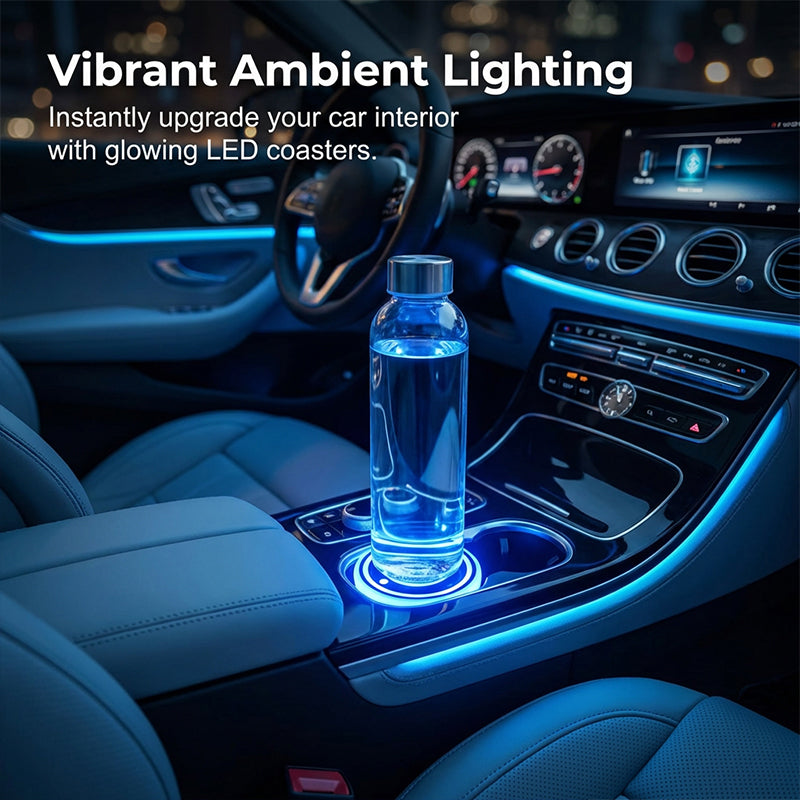 Rechargeable LED car cup holder lights by Arenzza, showcasing vibrant illumination inside a vehicle's cup holder.