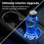Arenzza rechargeable LED car cup holder lights installed inside a car, illuminating the cup holder area with colorful LED glow.