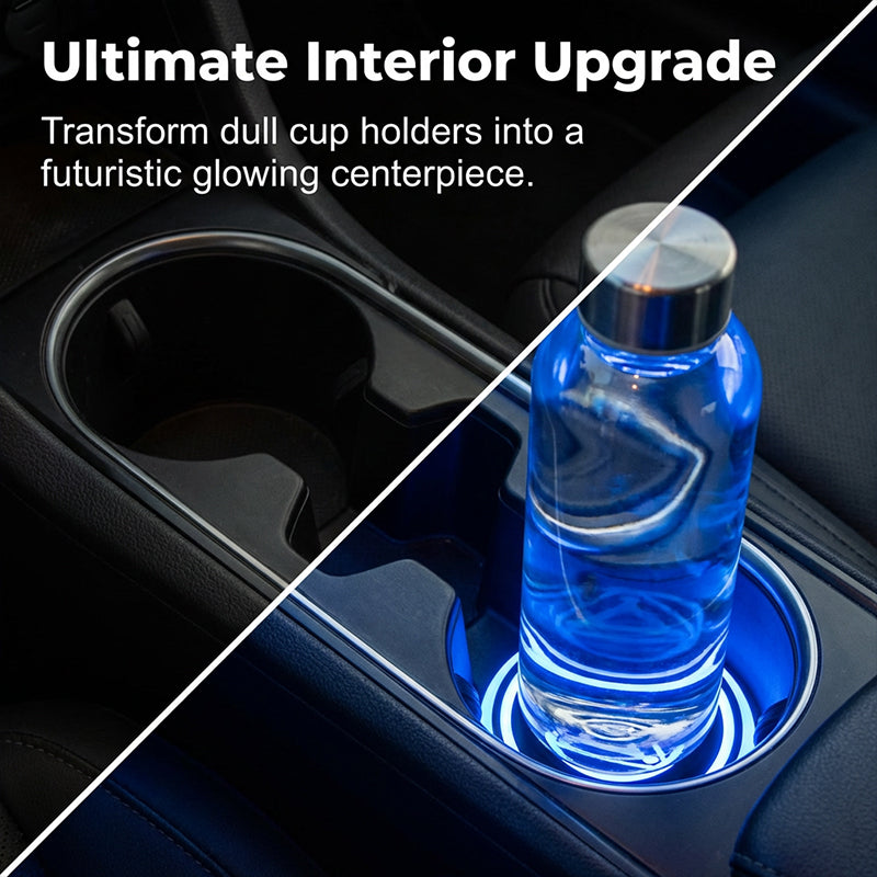 Arenzza rechargeable LED car cup holder lights installed inside a car, illuminating the cup holder area with colorful LED glow.