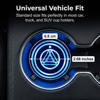 Arenzza rechargeable LED car cup holder lights installed in a vehicle, providing colorful illumination for car accessories.