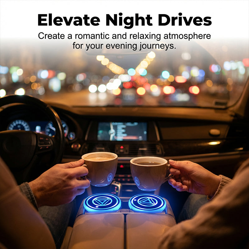 Arenzza rechargeable LED car cup holder lights installed inside a vehicle, illuminating the cup holder with colorful LED glow.