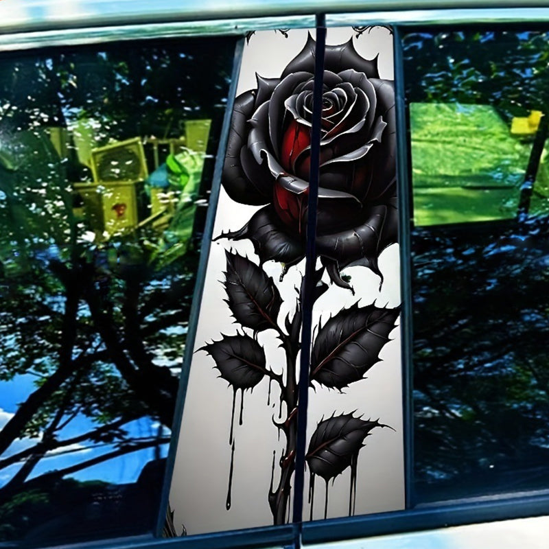 Aarenza decorative car B-pillar sticker set with high-gloss, scratch-resistant finish on a vehicle's black B-pillars.