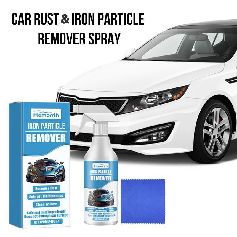 Arenzza Car Rust & Iron Particle Remover Spray bottle shown with spray nozzle and label for car accessories cleaning.