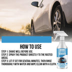 Arenzza Car Rust & Iron Particle Remover Spray bottle with spray nozzle, designed for cleaning rust and iron deposits from vehicles.