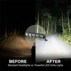 Arenzza LED light bar for cars and motorcycles mounted on vehicle front, showcasing bright illumination and sleek design.