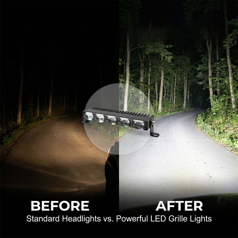 Arenzza LED light bar for cars and motorcycles mounted on vehicle front, showcasing bright illumination and sleek design.
