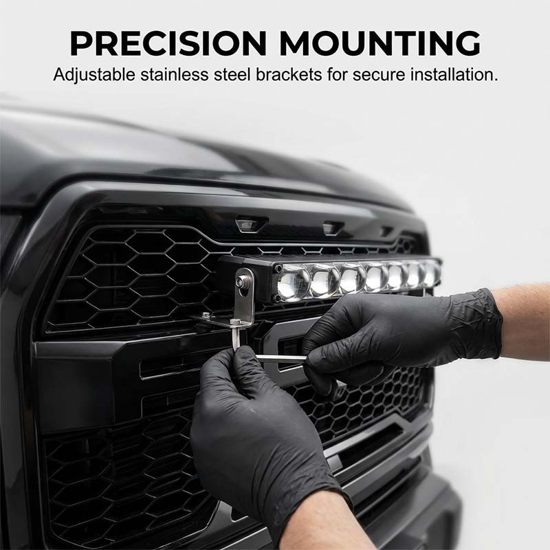 Arenzza LED light bar for cars and motorcycles, showing a sleek black automotive accessory with bright LED strips for enhanced visibility.