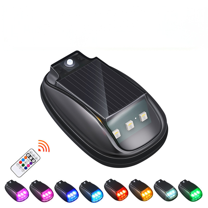 A waterproof solar car roof light with remote control, black plastic casing, mounted on a vehicle roof for visibility and safety.