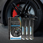 Arenzza car wheel scratch repair pen showing a close-up of the pen and a repaired car wheel with visible scratches.