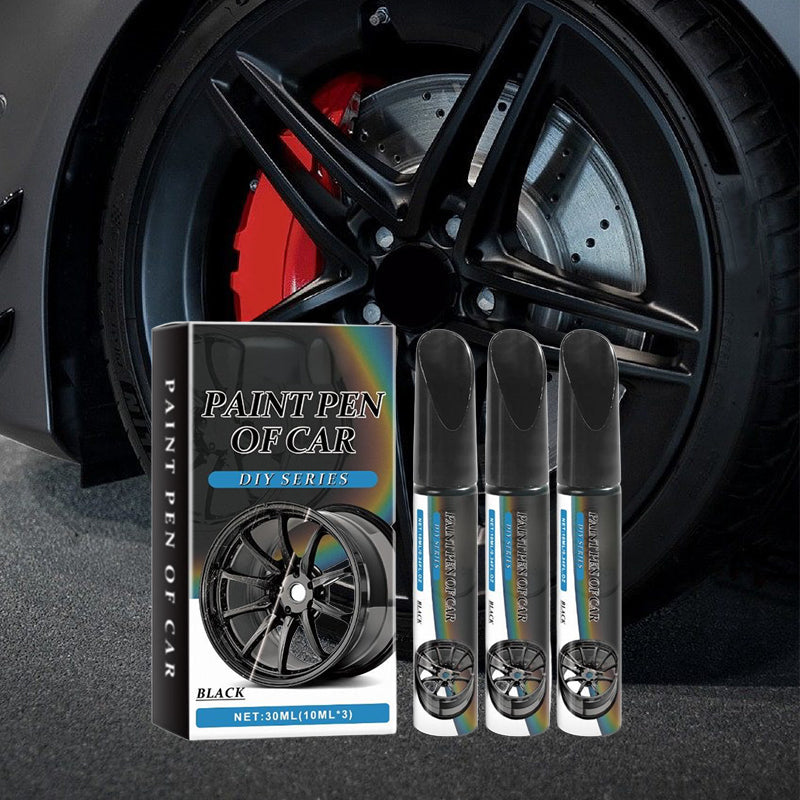 Arenzza car wheel scratch repair pen showing a close-up of the pen and a repaired car wheel with visible scratches.