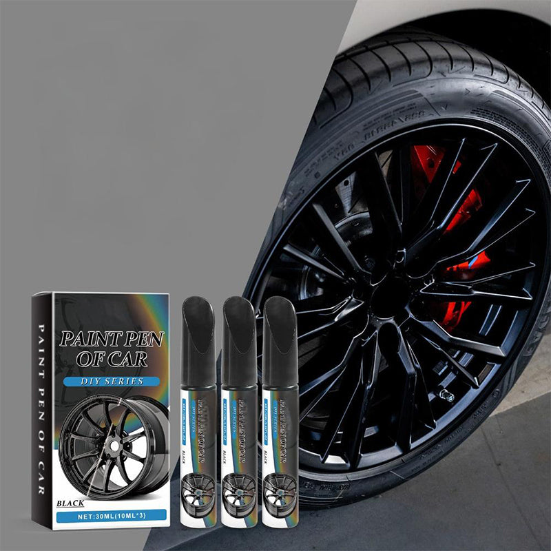 Arenzza Car Wheel Scratch Repair Pen for car accessories, close-up of the pen used on a car wheel to fix scratches.