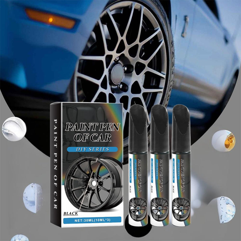 Arenzza Car Wheel Scratch Repair Pen for car accessories, showing a close-up of the pen and a scratched wheel surface.