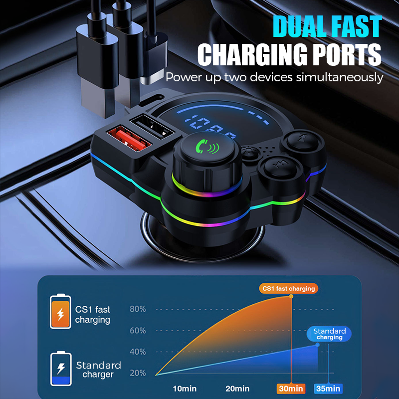 Arenzza universal dual-port car FM Bluetooth transmitter with wireless music, hands-free calling, and dual USB charging ports.