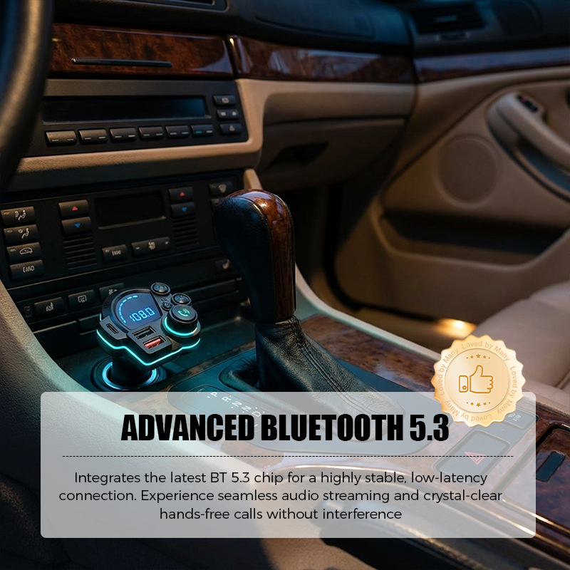 Arenzza dual-port car FM Bluetooth transmitter with display, USB ports, and wireless music and hands-free calling features.