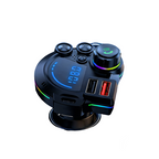 Arenzza dual-port car FM Bluetooth transmitter with wireless music, hands-free calling, and dual USB charging ports in a car interior.