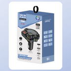 Arenzza universal dual-port car FM Bluetooth transmitter with wireless music, hands-free calling, and dual USB chargers.