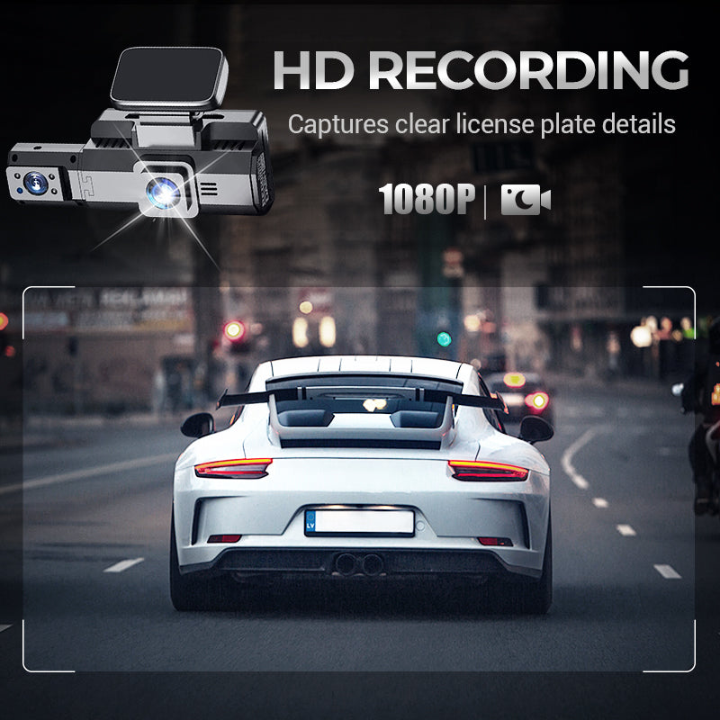 Arenzza HD dash cam set for cars, showing compact camera with mounting bracket and connecting cables for vehicle recording.