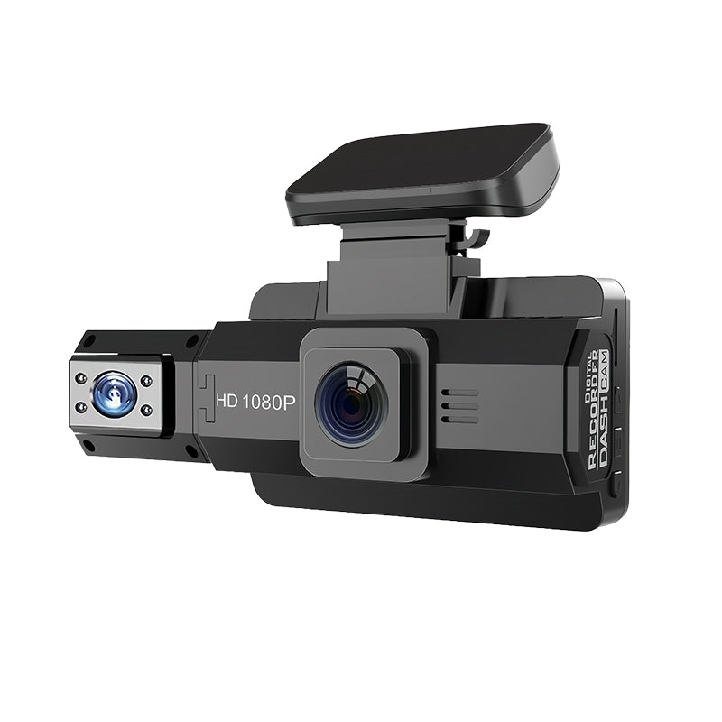 Arenzza HD dash cam set with front and rear cameras, mounted in a car interior, capturing clear driving footage.