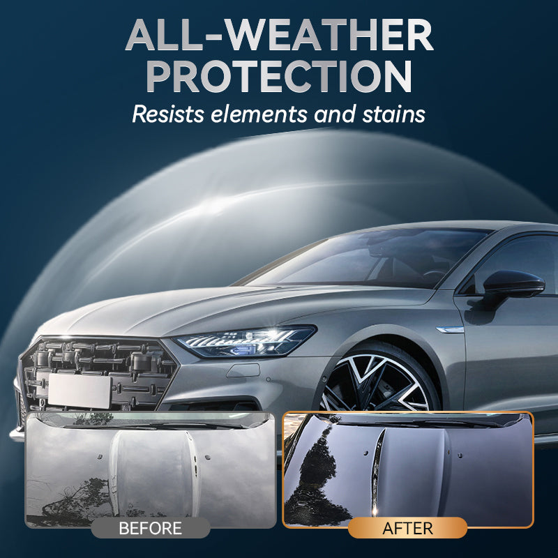 A car with a shiny, glossy finish showcasing Arenzza Automotive Gloss-Boosting Ceramic Coating on the vehicle's exterior.