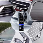 Arenzza car accessories restore chrome to its original shine, showing a close-up of a shiny chrome car trim with no polishing needed.