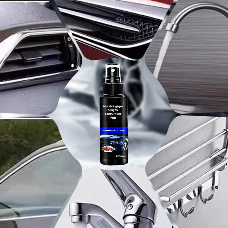 Arenzza car accessories restore chrome to its original shine, showing a close-up of a shiny chrome car trim with no polishing needed.