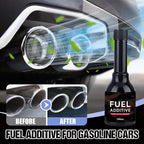 Arenzza fuel additive for gasoline cars, shown in a bottle with car accessories, designed to improve engine performance and fuel efficiency.
