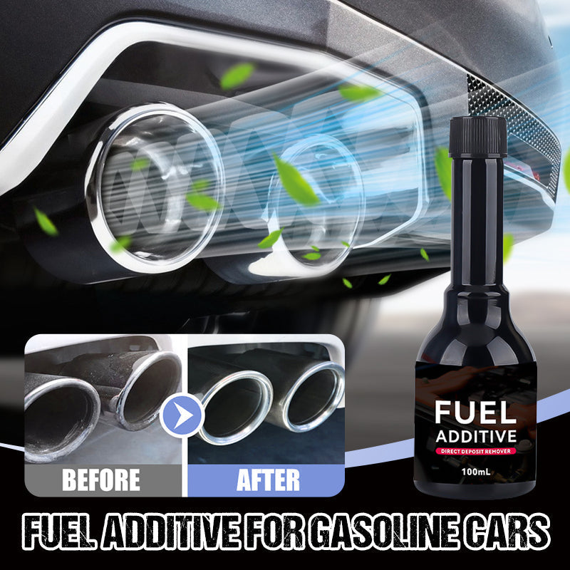 Arenzza fuel additive for gasoline cars, shown in a bottle with car accessories, designed to improve engine performance and fuel efficiency.