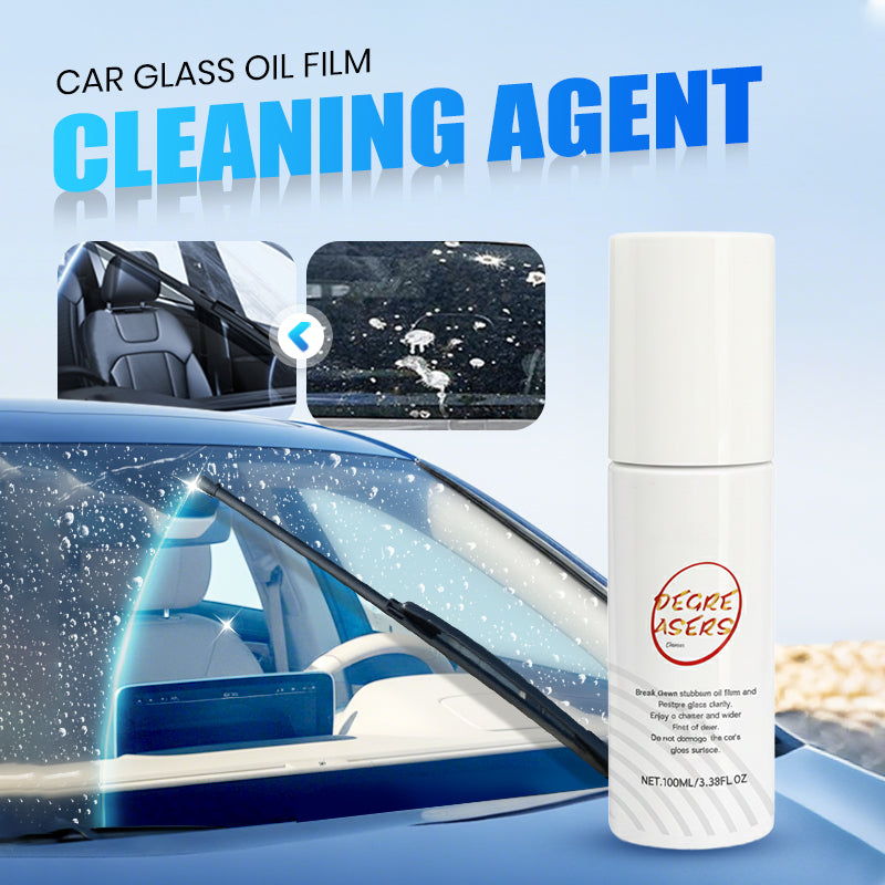 Arenzza car glass oil film cleaning agent in a spray bottle, designed for removing oil and grime from vehicle glass surfaces.