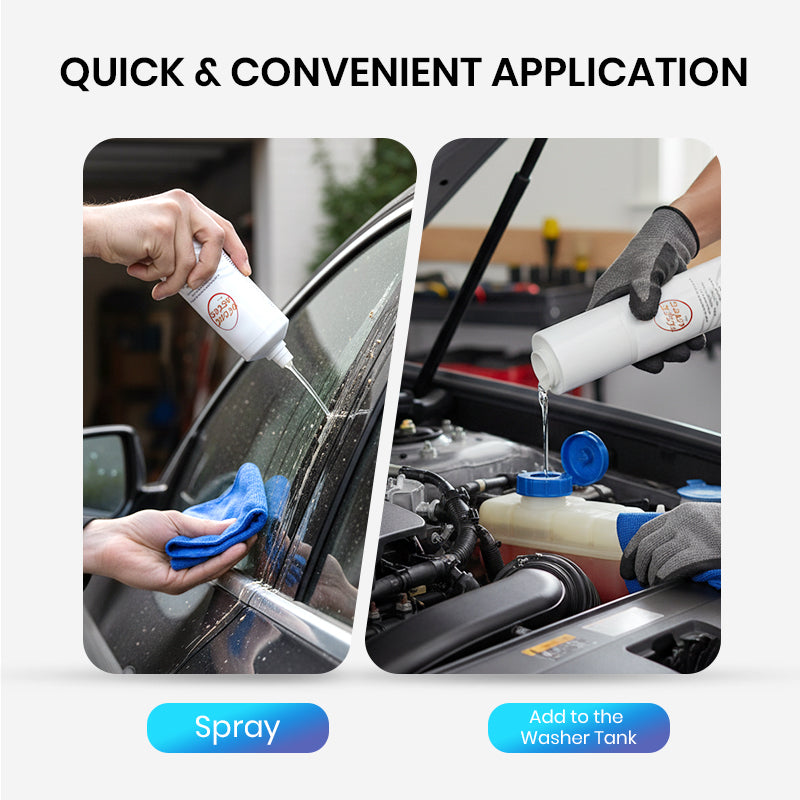 Arenzza car glass oil film cleaning agent bottle, designed for removing oil and dirt from vehicle glass surfaces.