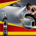 Arenzza Nano Car Scratch Spray for car accessories, showing a car with a restored shiny finish and the spray bottle in use.