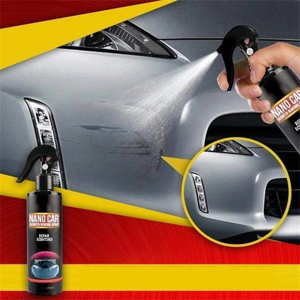 Arenzza Nano Car Scratch Spray for car accessories, showing a car with a restored shiny finish and the spray bottle in use.