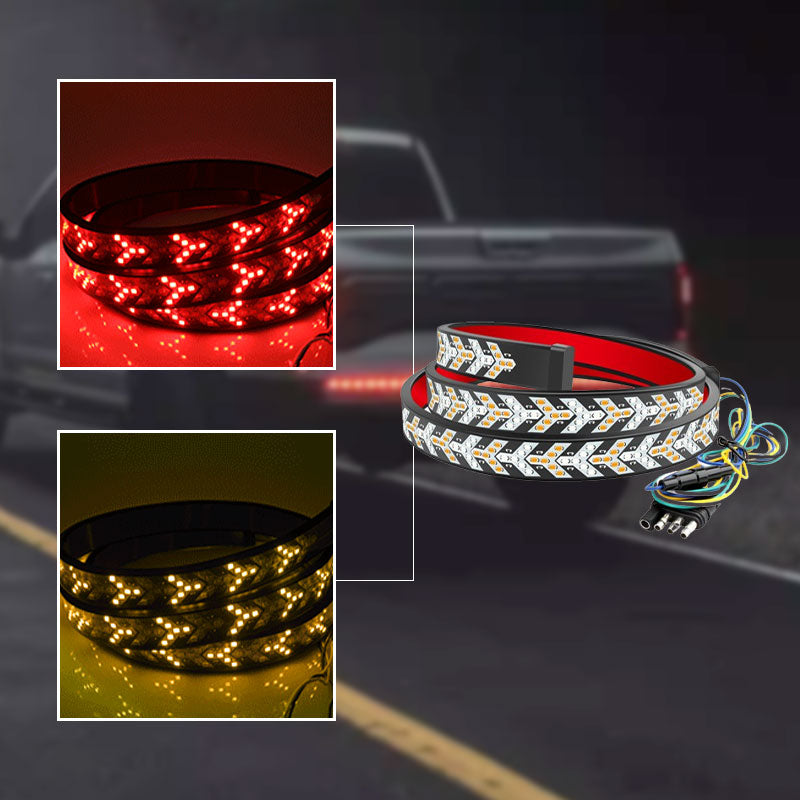 Arenzza waterproof LED tailgate strip for trucks, bright red and white lights, installed on a vehicle's tailgate for visibility.