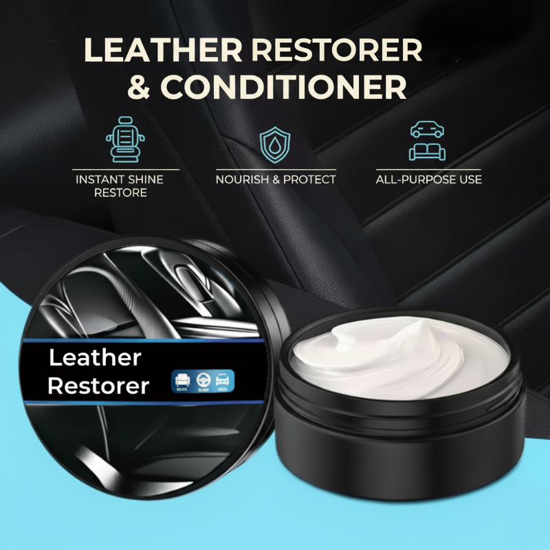 Arenzza multi-purpose leather restorer and conditioner for car accessories, showing a leather surface being treated with a applicator.