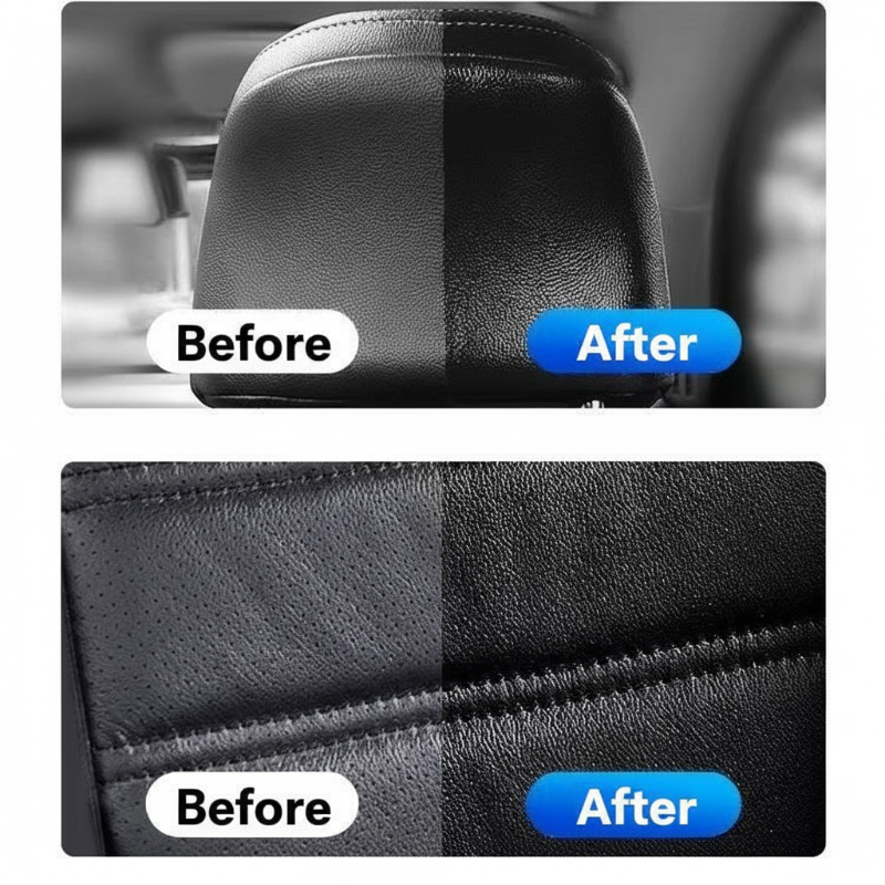 Arenzza multi-purpose leather restorer and conditioner for car accessories, showing a close-up of a well-maintained leather surface.
