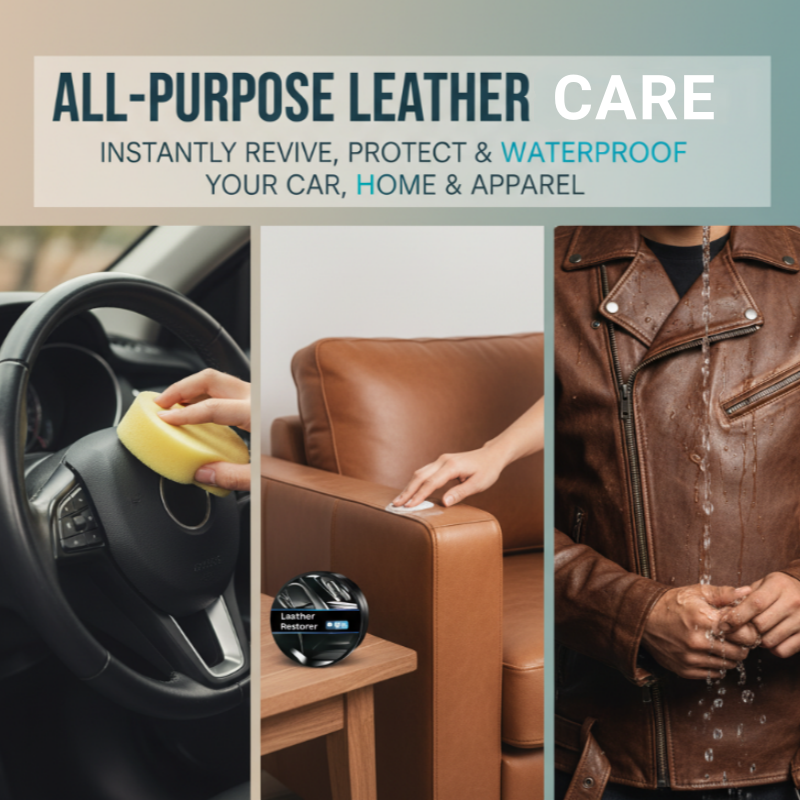 Arenzza multi-purpose leather restorer and conditioner for car accessories, showing a leather surface being treated with the product.