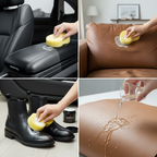 Arenzza multi-purpose leather restorer and conditioner for car accessories, showing a bottle and application in use on leather surfaces.