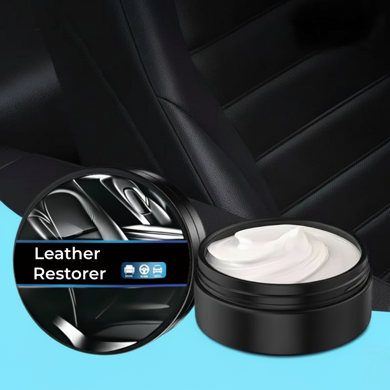 Arenzza multi-purpose leather restorer and conditioner for car accessories, showing a leather surface being treated with the product.