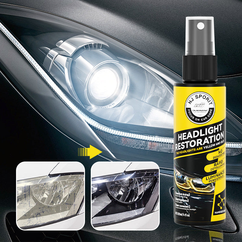 Arenzza car headlight restoration spray in a spray bottle, designed for cleaning and restoring cloudy or yellowed car headlights.
