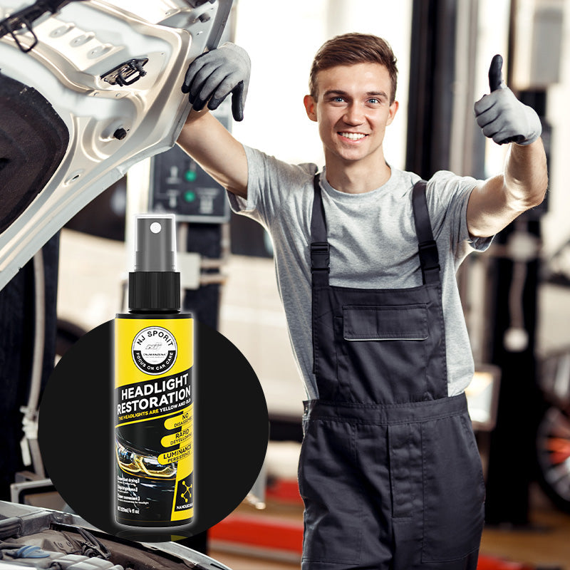 Arenzza car headlight restoration spray bottle, featuring a blue spray nozzle and clear label for efficient car headlight cleaning.