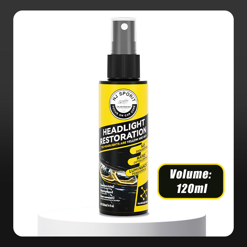Arenzza car headlight restoration spray bottle with spray nozzle, designed for cleaning and restoring cloudy or foggy car headlights.