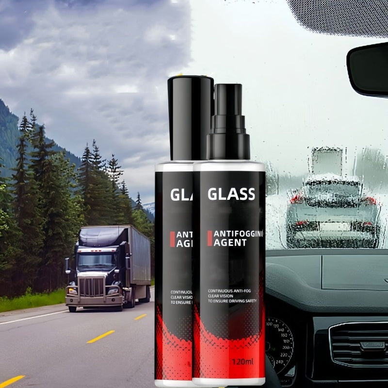 Arenzza interior glass anti-fog spray for car and home, shown in a spray bottle with clear glass surfaces in the background.