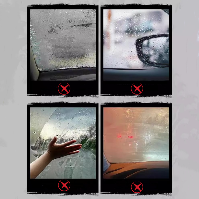 Arenzza interior glass anti-fog spray applied to a car windshield, helping keep the glass clear and fog-free in car accessories.