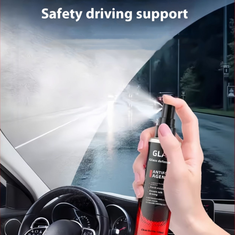Arenzza interior glass anti-fog spray for car and home, showing spray bottle with application on glass surface, car interior setting