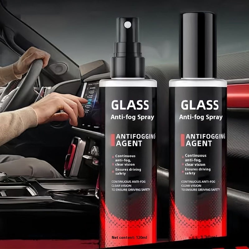 Arenzza interior glass anti-fog spray for cars and home, showing a spray bottle and a fog-free glass surface.