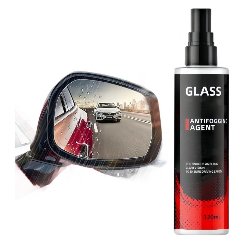 Arenzza interior glass anti-fog spray bottle for car and home, shown next to a fog-free glass surface, preventing condensation.