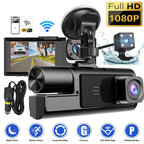 Arenzza 3-camera dash cam with front, interior, and rear 1080P HD lenses installed in a vehicle for comprehensive recording.