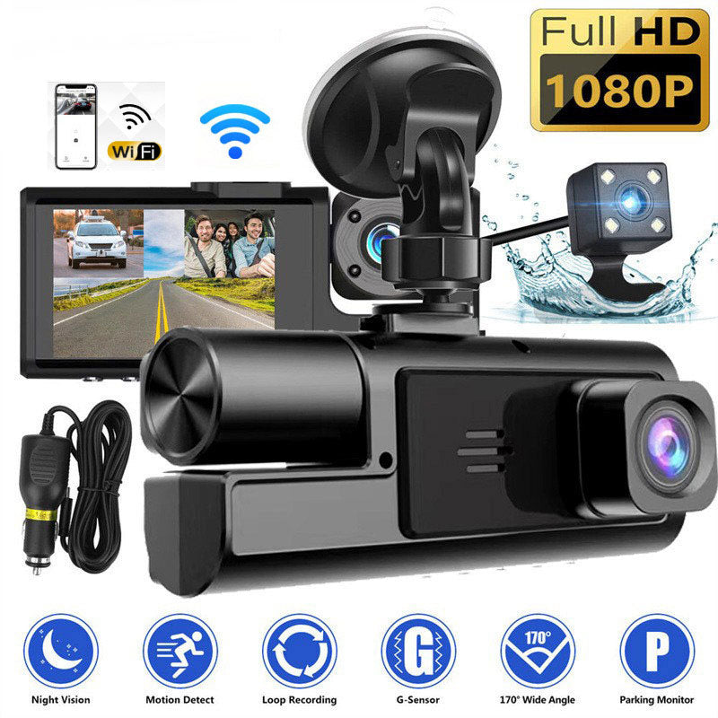 Arenzza 3-camera dash cam with front, interior, and rear 1080P HD lenses installed in a vehicle for comprehensive recording.