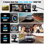 Arenzza 1080P HD 3-camera dash cam showing front, interior, and rear views mounted inside a car for comprehensive recording.
