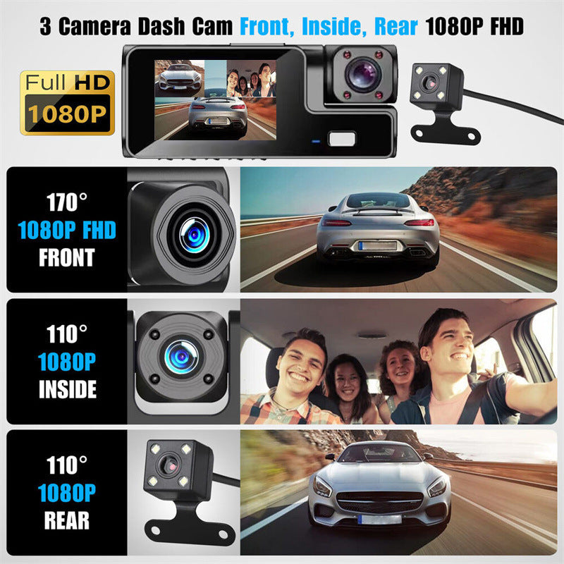 Arenzza 1080P HD 3-camera dash cam showing front, interior, and rear views mounted inside a car for comprehensive recording.
